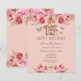 Floral Schmetterlinge Rosa Glückwunsch 15. Geburts