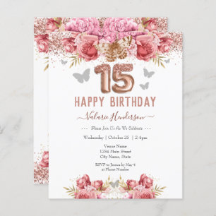 Floral Schmetterlinge Rosa Glückwunsch 15. Geburts