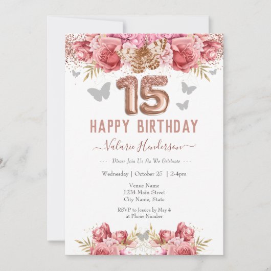 Floral Schmetterlinge Rosa Glückwunsch 15. Geburts Einladung (Vorderseite)