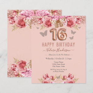Floral Schmetterlinge Rosa Glückwunsch 16. Geburts
