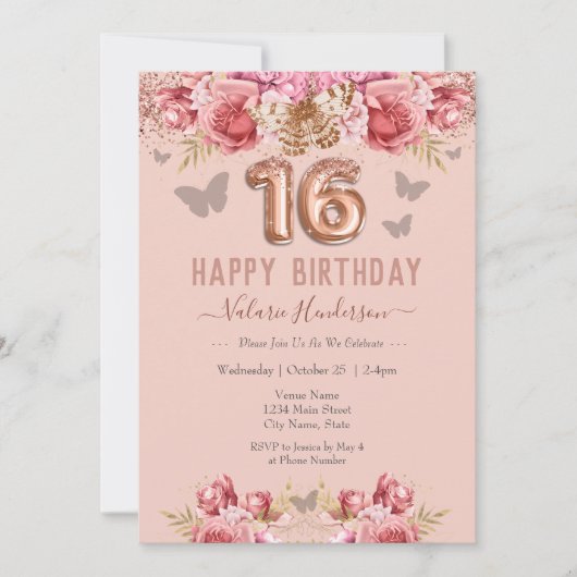 Floral Schmetterlinge Rosa Glückwunsch 16. Geburts (Vorderseite)