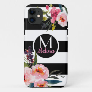 Floral - Schwarze und weiße Streifen Monogramm Case-Mate iPhone Hülle