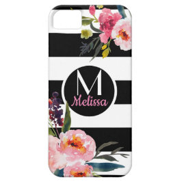 Floral - Schwarze und weiße Streifen Monogramm Case-Mate iPhone Hülle
