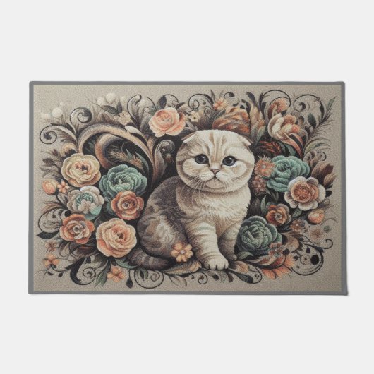 Floral Scottish Fold Cat, Scottish Fold Blume Fußmatte (Vorderseite)
