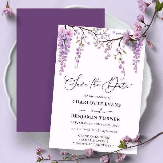 Floral Script Lila Wisteria Save the Date Karte
