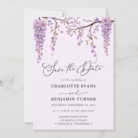 Floral Script Lila Wisteria Save the Date Karte (Vorderseite)