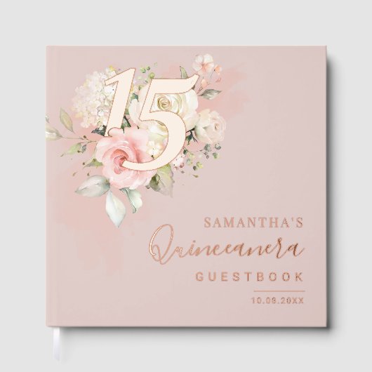 Floral Script Modern 15th Birthday Quinceanera Gästebuch (Vorderseite)