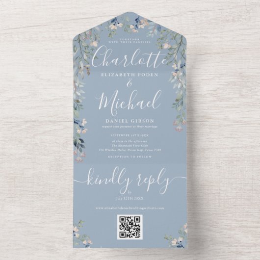 Floral Script QR Code Dusty Blue Wedding All In One Einladung (Innen Boden)
