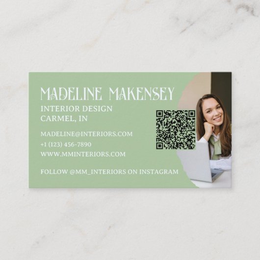 Floral Script QR Code Innenarchitektur Foto Visitenkarte (Vorderseite)