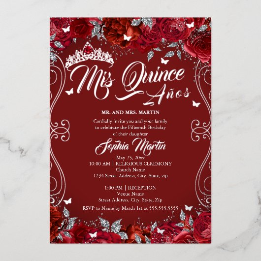 Floral Scroll Ruby Red Mis Quince Quinceanera Folieneinladung (Vorderseite)