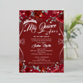 Floral Scroll Ruby Red Mis Quince Quinceanera Folieneinladung (Stehend vorne)