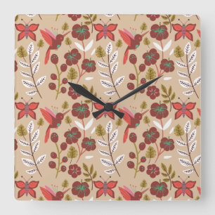 Floral seamless pattern flowers, birds, butterfly quadratische wanduhr