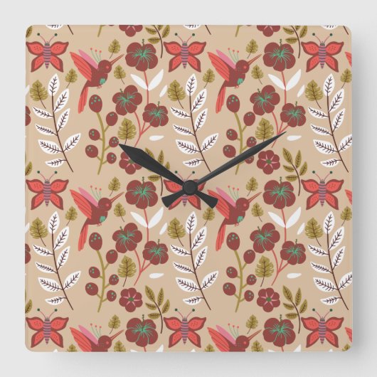 Floral seamless pattern flowers, birds, butterfly quadratische wanduhr (Vorderseite)