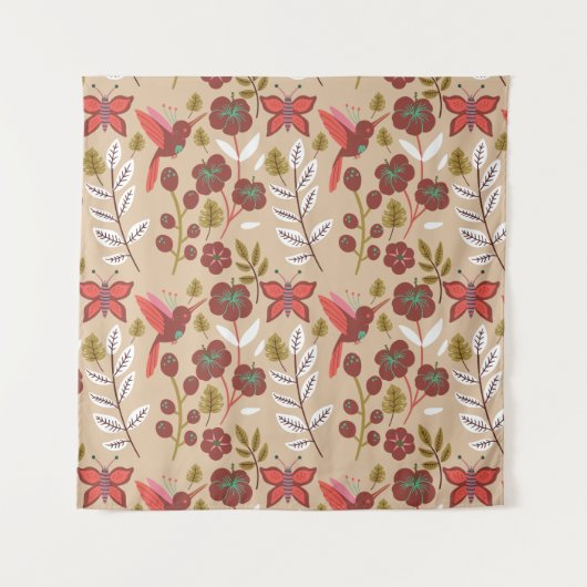 Floral seamless pattern flowers, birds, butterfly wandteppich (Vorderseite)