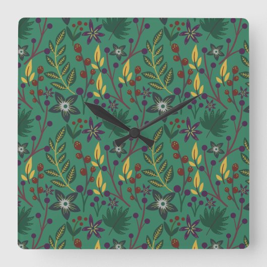 Floral seamless pattern flowers green background quadratische wanduhr (Vorderseite)