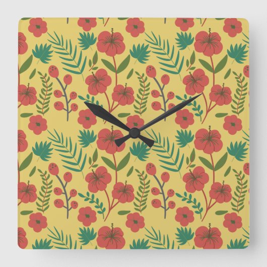 Floral seamless pattern red yellow green flowers quadratische wanduhr (Vorderseite)