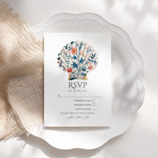 Floral Seashell Coastal Beach Wedding Nautical RSVP Karte