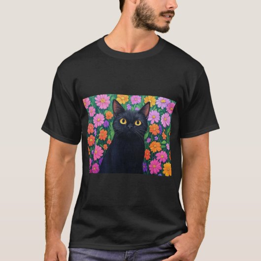 Floral Serenity: The Black Cat T-Shirt (Vorderseite)