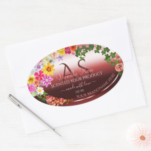 Floral Shimmery Red Product Labels Modern Monogram Ovaler Aufkleber