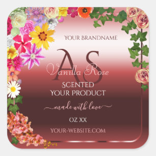 Floral Shimmery Red Product Labels Modern Monogram Quadratischer Aufkleber