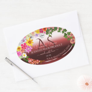 Floral Shimmery Red Product Labels Monogram Logo Ovaler Aufkleber