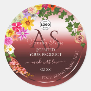 Floral Shimmery Red Product Labels Monogram Logo Runder Aufkleber