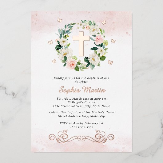Floral Shiny Gold Cross Butterfly Girl Taufe Folieneinladung (Vorderseite)