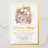 Floral Ship Wheel Nautical Girl Baby Shower Gold Folieneinladung (Vorderseite)