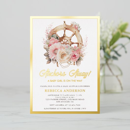 Floral Ship Wheel Nautical Girl Baby Shower Gold Folieneinladung (Stehend vorne)