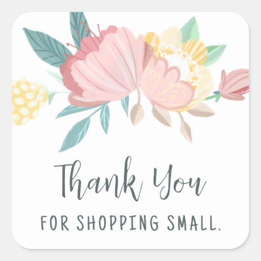 Floral Shopping Small Thank You Quadratischer Aufkleber (Vorderseite)