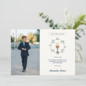 Floral Side Wreath Foto Kommunion Vielen Dank Einladung (Stehend Vorderseite)