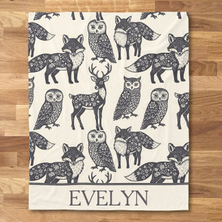  Floral Silhouette Fox, Deer, and Owl Folk Art Fleecedecke