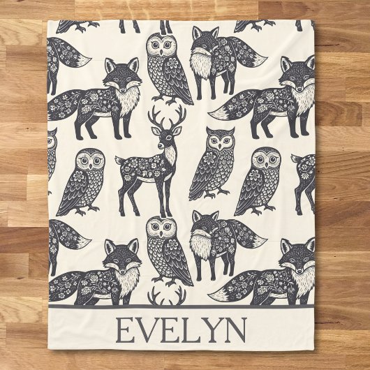 Floral Silhouette Fox, Deer, and Owl Folk Art Fleecedecke