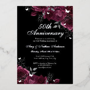 Floral Silver Burgund 50. Hochzeitstag Folieneinladung