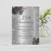Floral Silver Glitzer 25. Hochzeitstag Einladung (Stehend Vorderseite)
