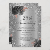 Floral Silver Glitzer 25. Hochzeitstag Einladung (Vorne/Hinten)