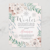 Floral Silver Glitzer Winter Onederland Geburtstag Einladung (Vorne/Hinten)