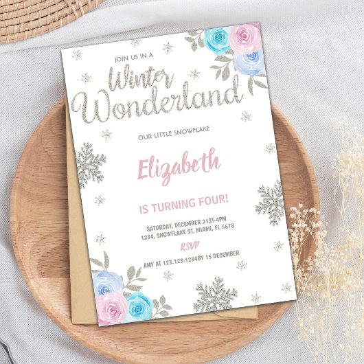 Floral Silver Glitzer Winter Wonderland Geburtstag Einladung