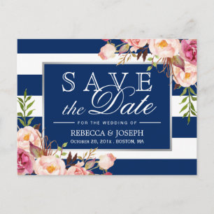 Floral Silver Navy Blue Streifen Save the Date Ankündigungspostkarte
