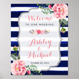 Floral Silver Navy Streifen Hochzeitssymbol Poster