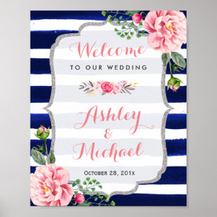 Floral Silver Navy Streifen Hochzeitssymbol Poster