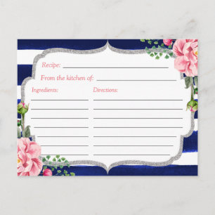 Floral Silver Navy Stripes Brautparty Rezept Postkarte