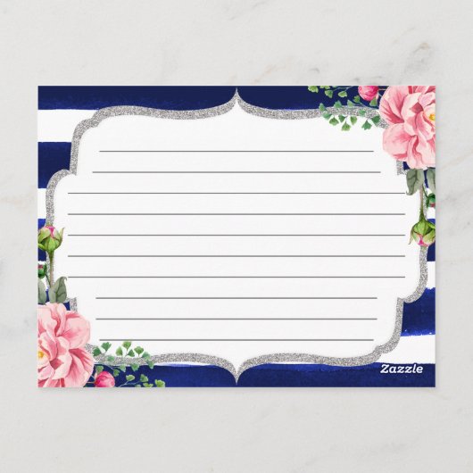 Floral Silver Navy Stripes Brautparty Rezept Postkarte (Rückseite)