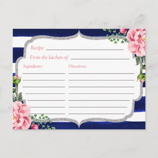 Floral Silver Navy Stripes Brautparty Rezept Postkarte (Vorderseite)