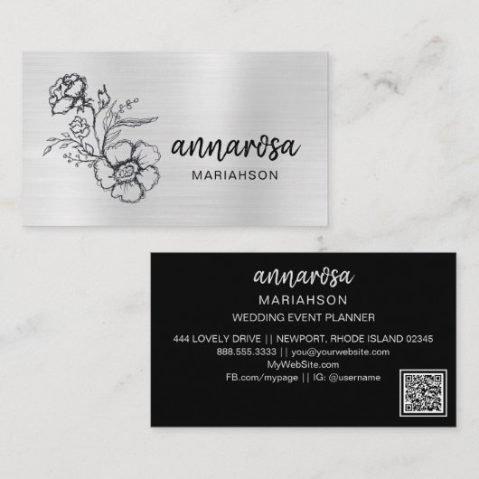 *~* Floral Silver QR LOGO FOTO Elegante Blume Visitenkarte (Vorne/Hinten)