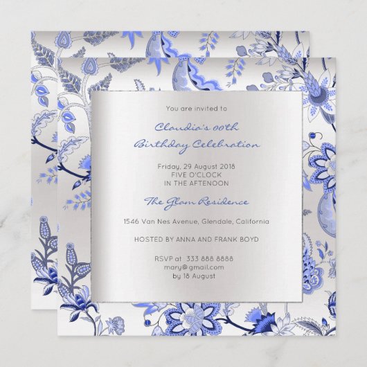 Floral Silver Sapphire Spring Chinoiserie Event Einladung (Vorne/Hinten)