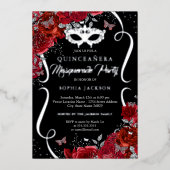 Floral Silver Scroll Masquerade Quinceanera Folieneinladung (Vorderseite)