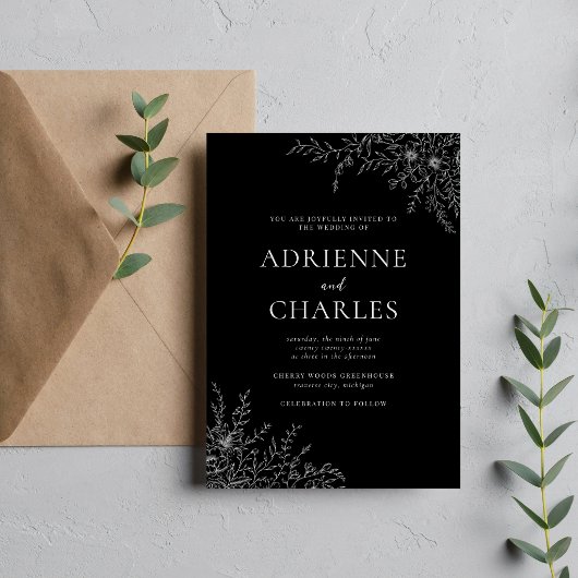 Floral Simplicity 1 Black Minimal Wedding Einladung