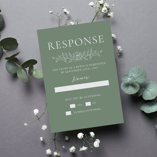 Floral Simplicity 1 Modern Green Minimal Wedding RSVP Karte