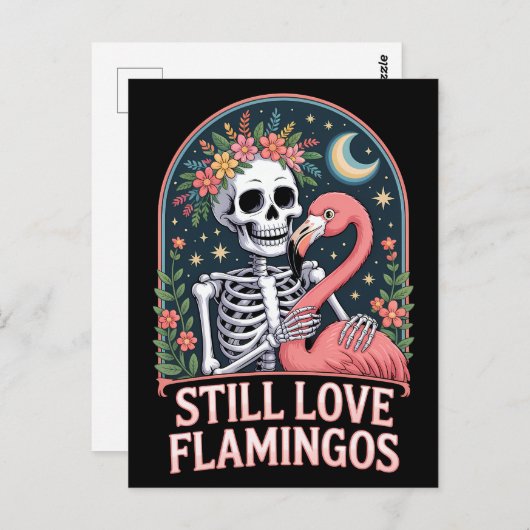 Floral Skeleton Flamingo Halloween Postkarte (Vorne/Hinten)